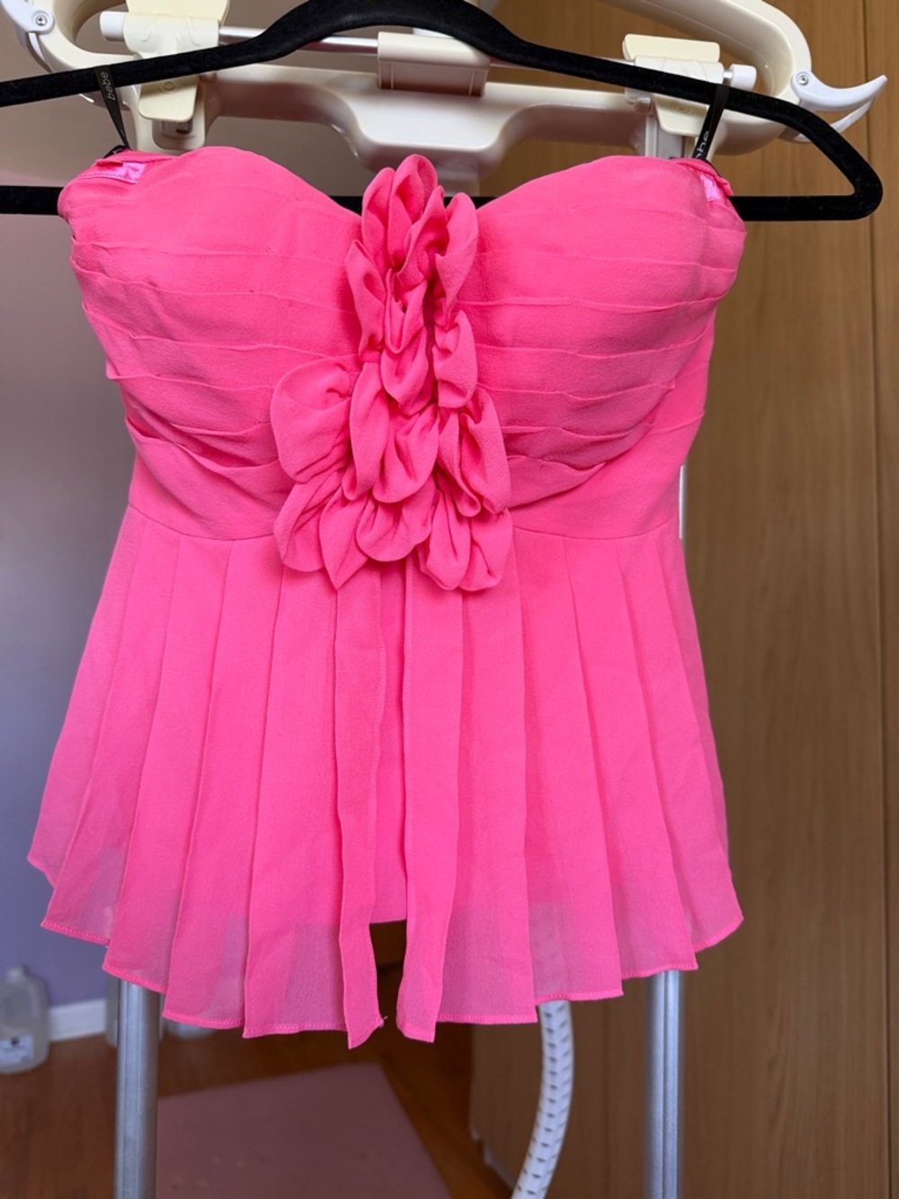 bebe Hot Pink Silk Strapless Pleated Peplum Top with Floral Front